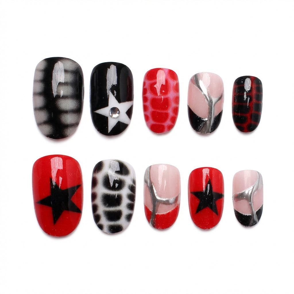 Short oval nail art featuring red, black, and gray designs with stars and patterns.
