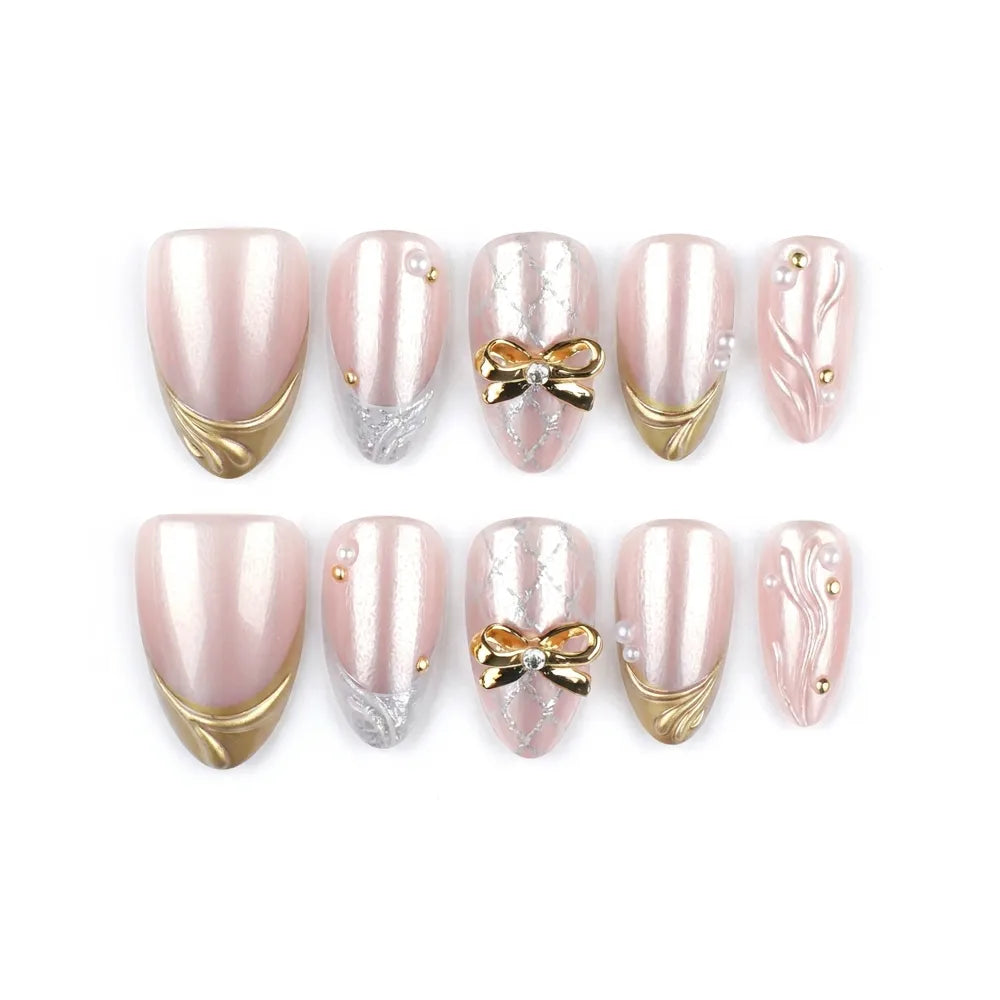 Ribbon Glow | Golden Bow Medium Almond Press On Nails