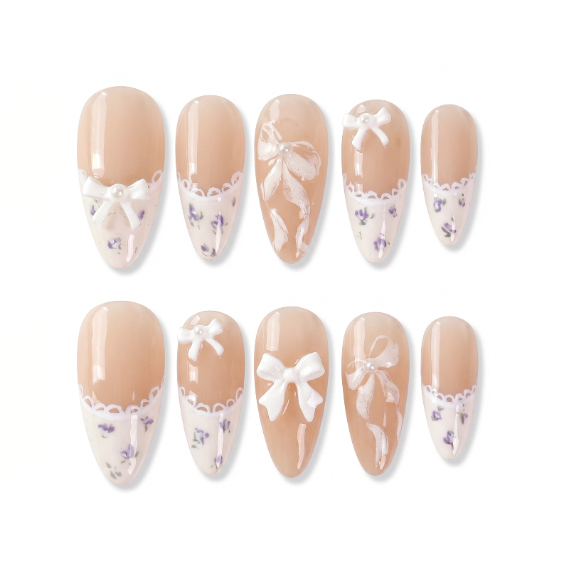 Charming | Ribbon Muse Almond Medium Press on nail - Lavender Floral Bow