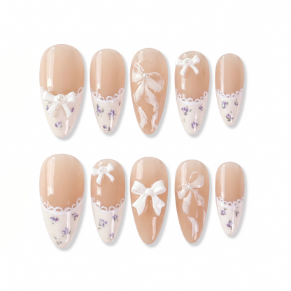 Charming | Ribbon Muse Almond Medium Press on nail - Lavender Floral Bow