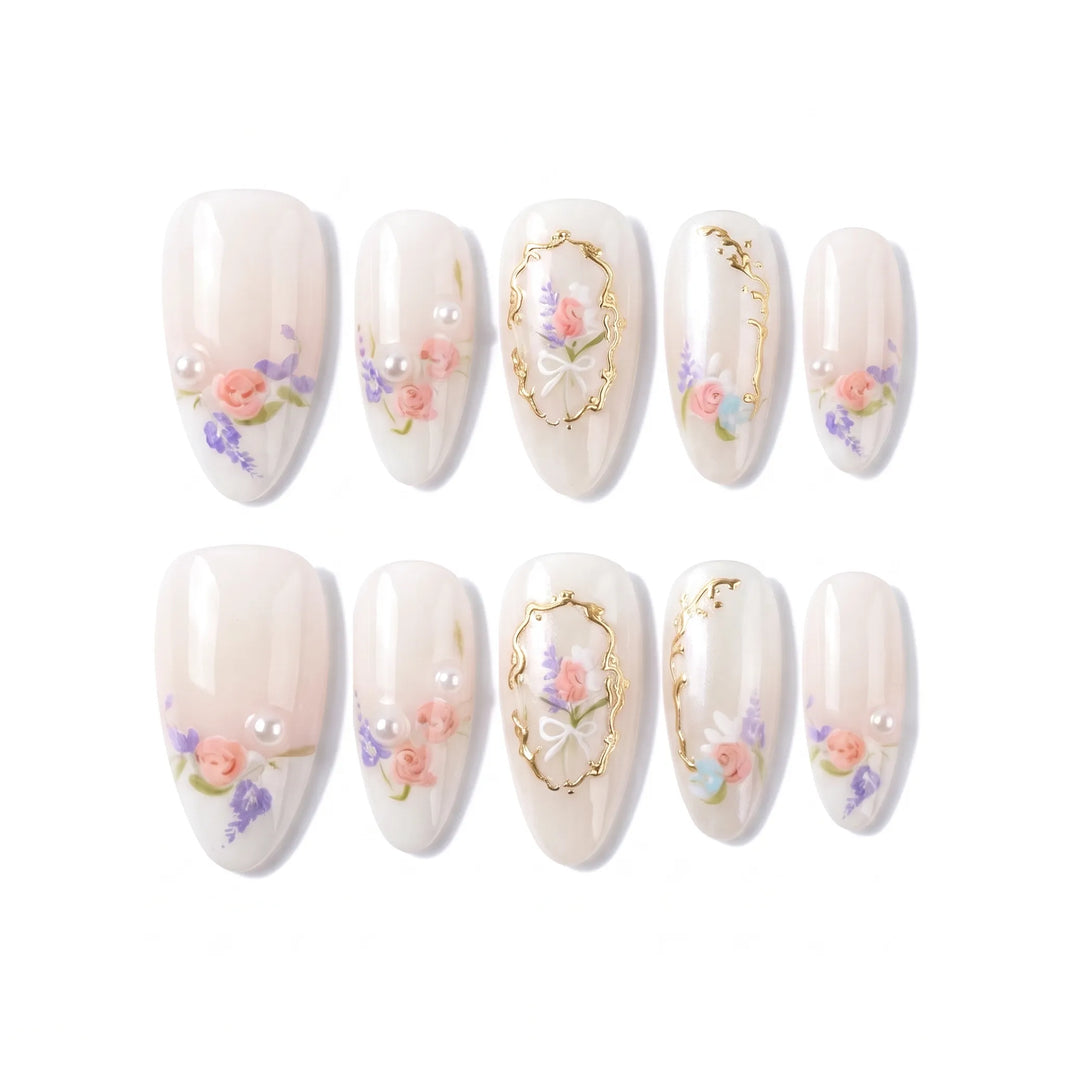 Rose Heirloom | French Tip Bow Medium Almond Press On Nails