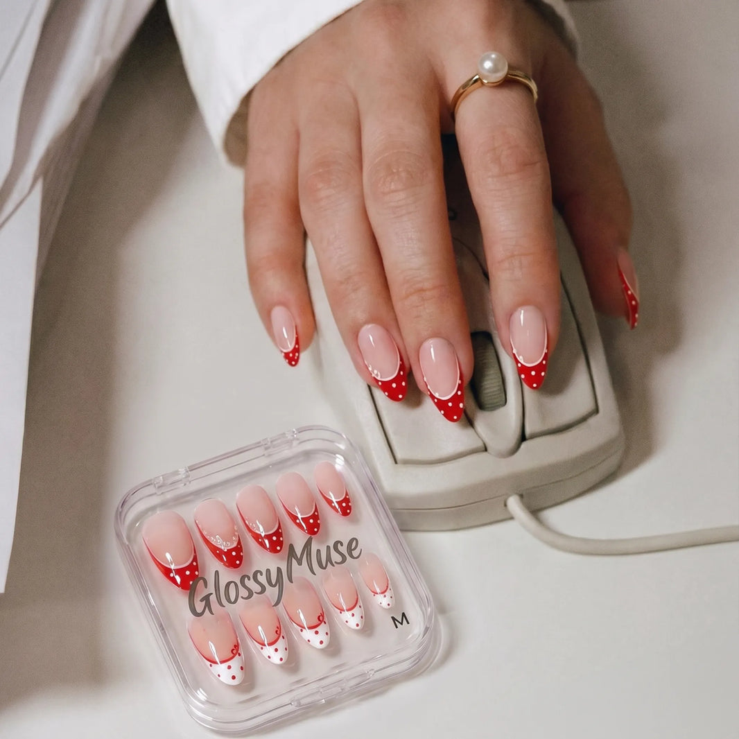 French With a Twist | Rosy Dots French Almond Medium Press on nail