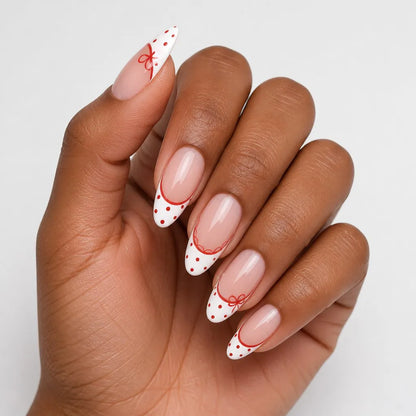 French With a Twist | Rosy Dots French Almond Medium Press on nail