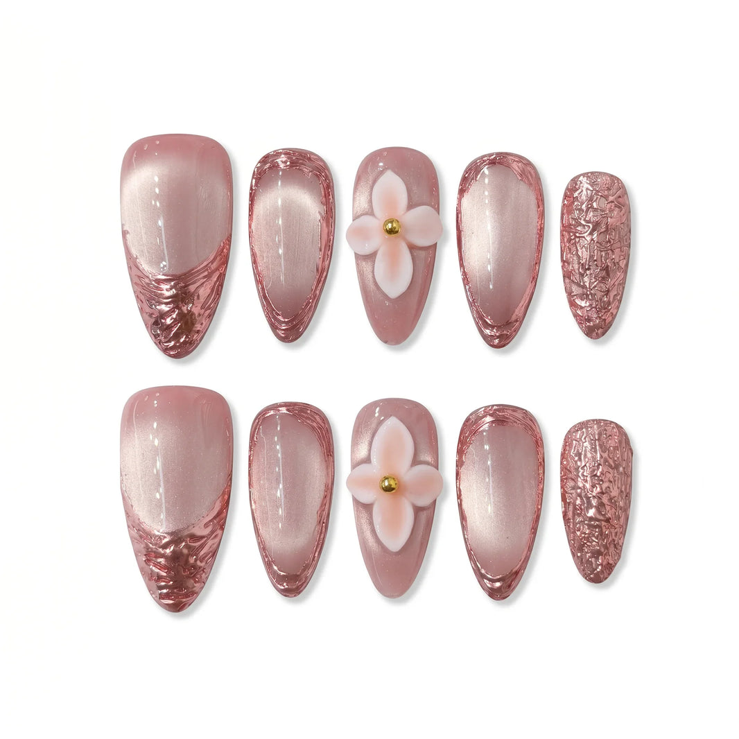 Rose Chrome Rosy Glow Almond Long Press on nail - Rose Pink Chrome Foil 3D Floral Gold