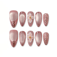 Rose Chrome Rosy Glow Almond Long Press on nail - Rose Pink Chrome Foil 3D Floral Gold