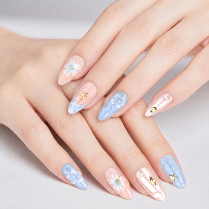 Seafoam Blossom | 3D Floral Lace Medium Almond Press On Nails