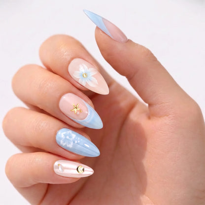 Seafoam Blossom | 3D Floral Lace Medium Almond Press On Nails