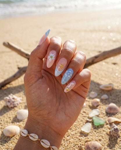 Seafoam Blossom | 3D Floral Lace Medium Almond Press On Nails