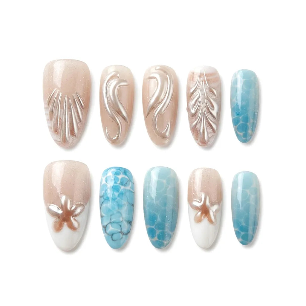 Sandy Luxe Seafoam Romance Almond Medium Press on nail - Sandy Nude Blue Chrome Shell Starfish Summer