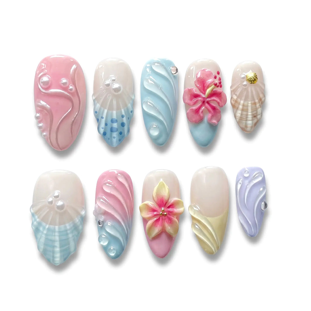 Mermaid Cove Seashell Sorbet Almond Medium Press on nail - Pink Blue 3D Shell Hibiscus Pearl Summer