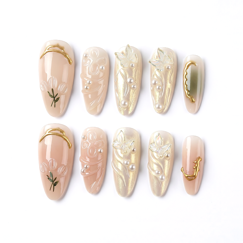 Pure | Sheer Romance Almond Medium Press on nail - Gold Butterfly Charms