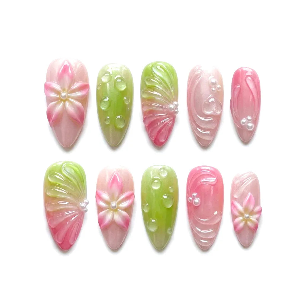 Garden Splash Sorbet Shore Almond Long Press on nail - Pink Lime Green 3D Botanical Dewdrop Summer