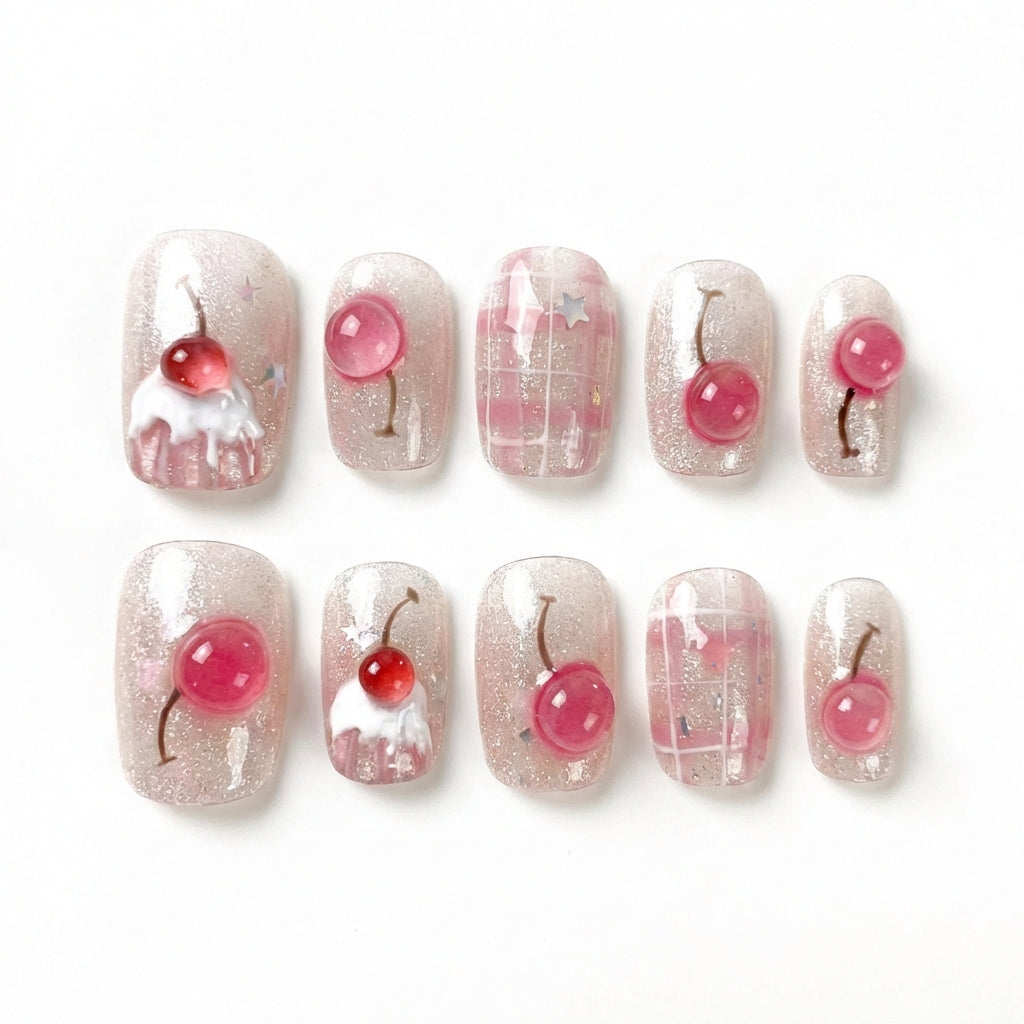 Sparkling Cherry Float | Pink Parfait Short Square Press-On Nails