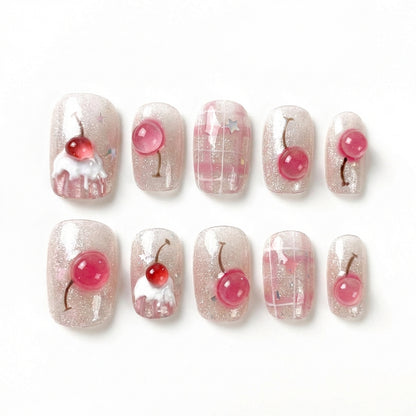 Sparkling Cherry Float | Pink Parfait Short Square Press-On Nails