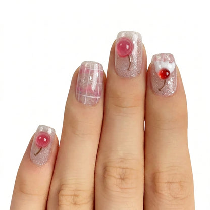 Sparkling Cherry Float | Pink Parfait Short Square Press-On Nails