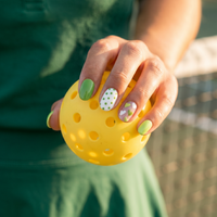 Match Point Mint nails flat lay — spirit green heart polka dot pickleball press-ons | GlossyMuse