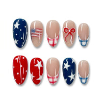 Patriot Play Star Spirit Almond Medium Press on nail - USA Flag Stars Plaid Red Bow Design