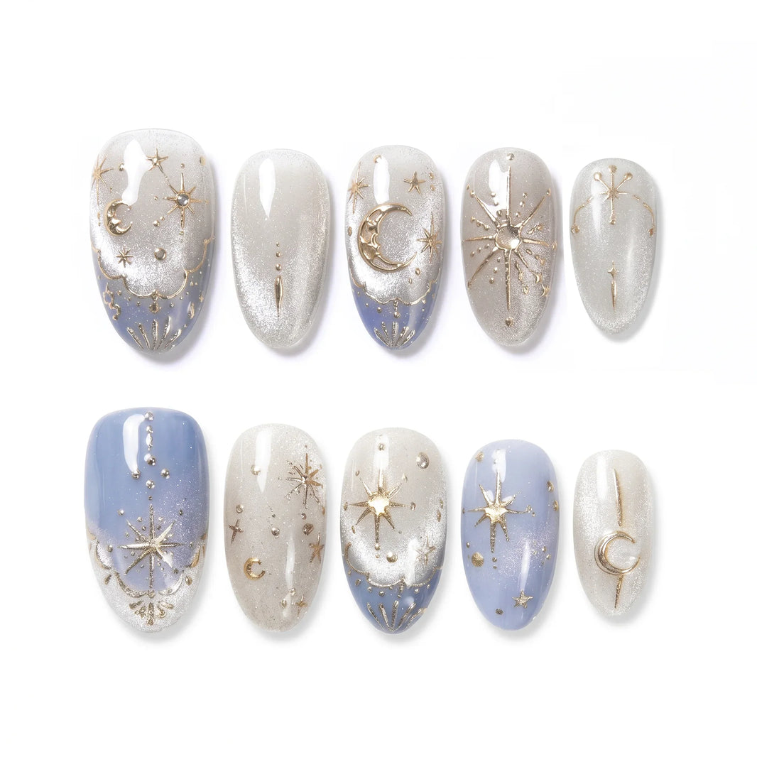 Stargazer Starlace Drift Almond Medium Press on nail - Pearl Cream Blue Gold Star Moon Constellation