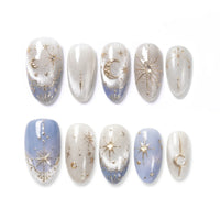 Stargazer Starlace Drift Almond Medium Press on nail - Pearl Cream Blue Gold Star Moon Constellation