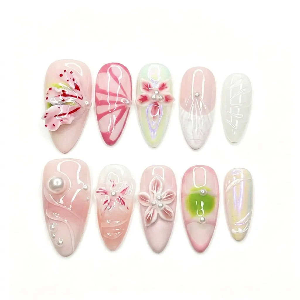 Petal Drift Sugar Coast Almond Medium Press on nail - Blush Pink 3D Floral Aurora Swirl Pearl Summer