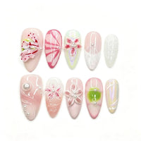 Petal Drift Sugar Coast Almond Medium Press on nail - Blush Pink 3D Floral Aurora Swirl Pearl Summer