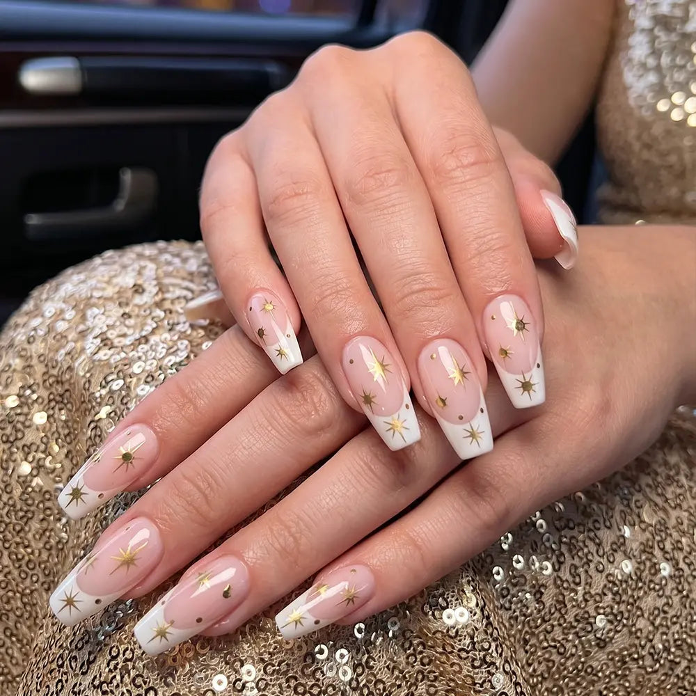 Model wearing Radiant Flare  Sunlit Star coffin long press-on nails — lifestyle close-up | GlossyMuse