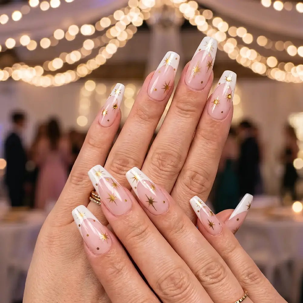 Radiant Flare  Sunlit Star long press-on nails 3D detail shot — coffin shape | GlossyMuse