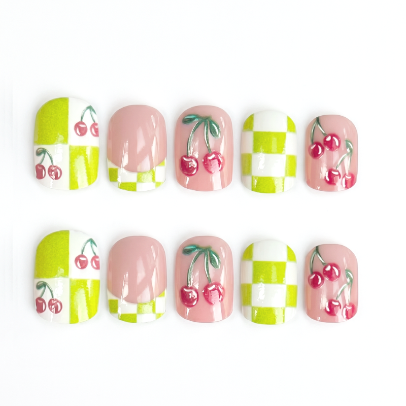 Sweet Victory pickleball press-on nails — sunny orchard lime green cherry short square | GlossyMuse