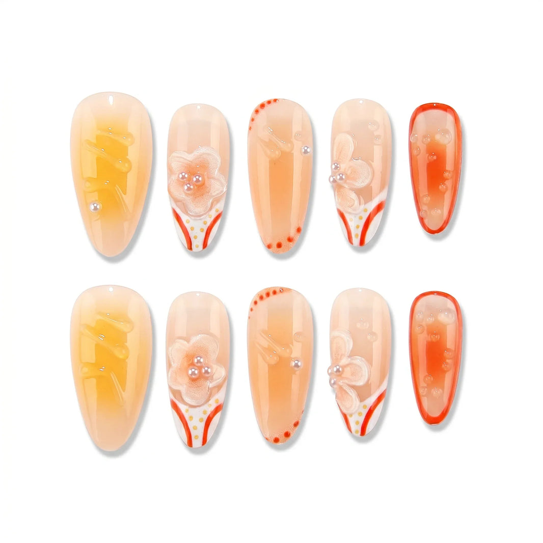 Golden Hour Sunset Shell Almond Long Press on nail - Peach Orange 3D Floral Red Stripe Summer Nails