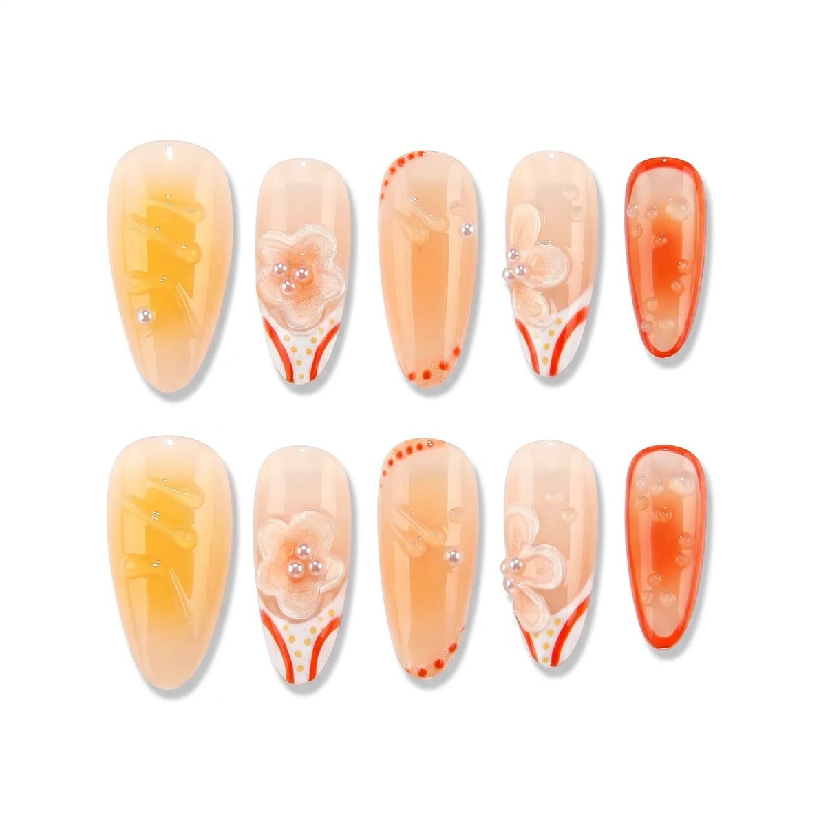 Golden Hour Sunset Shell Almond Long Press on nail - Peach Orange 3D Floral Red Stripe Summer Nails