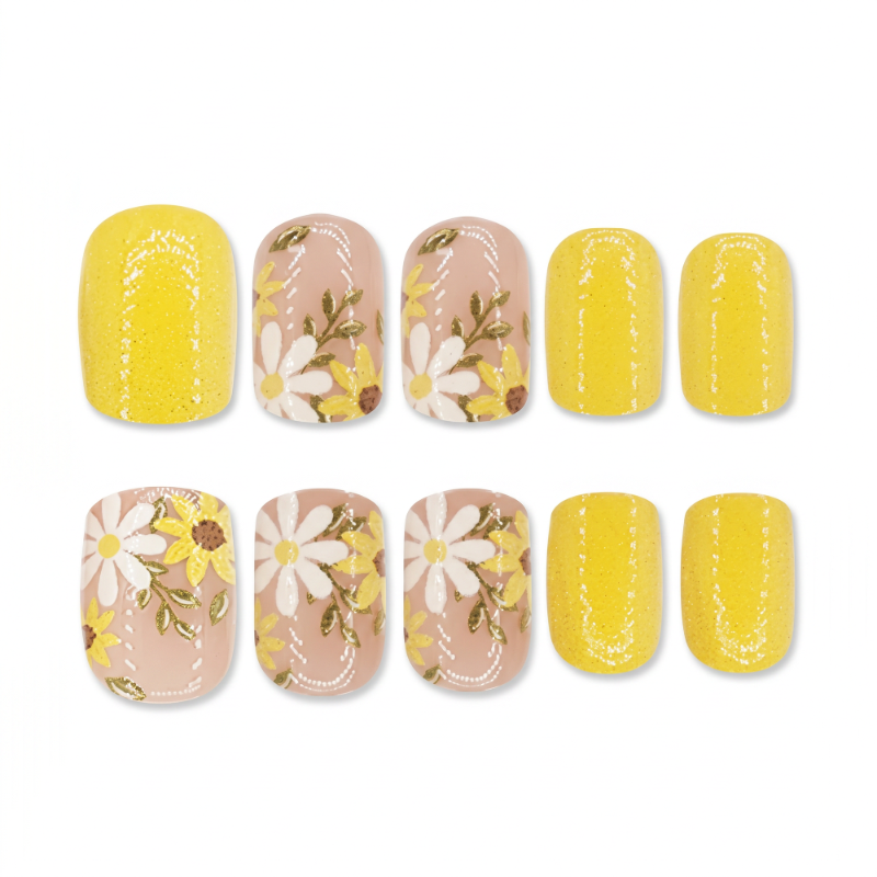 Radiant Rally pickleball press-on nails — sunshine bloom square short, court candy collection | GlossyMuse
