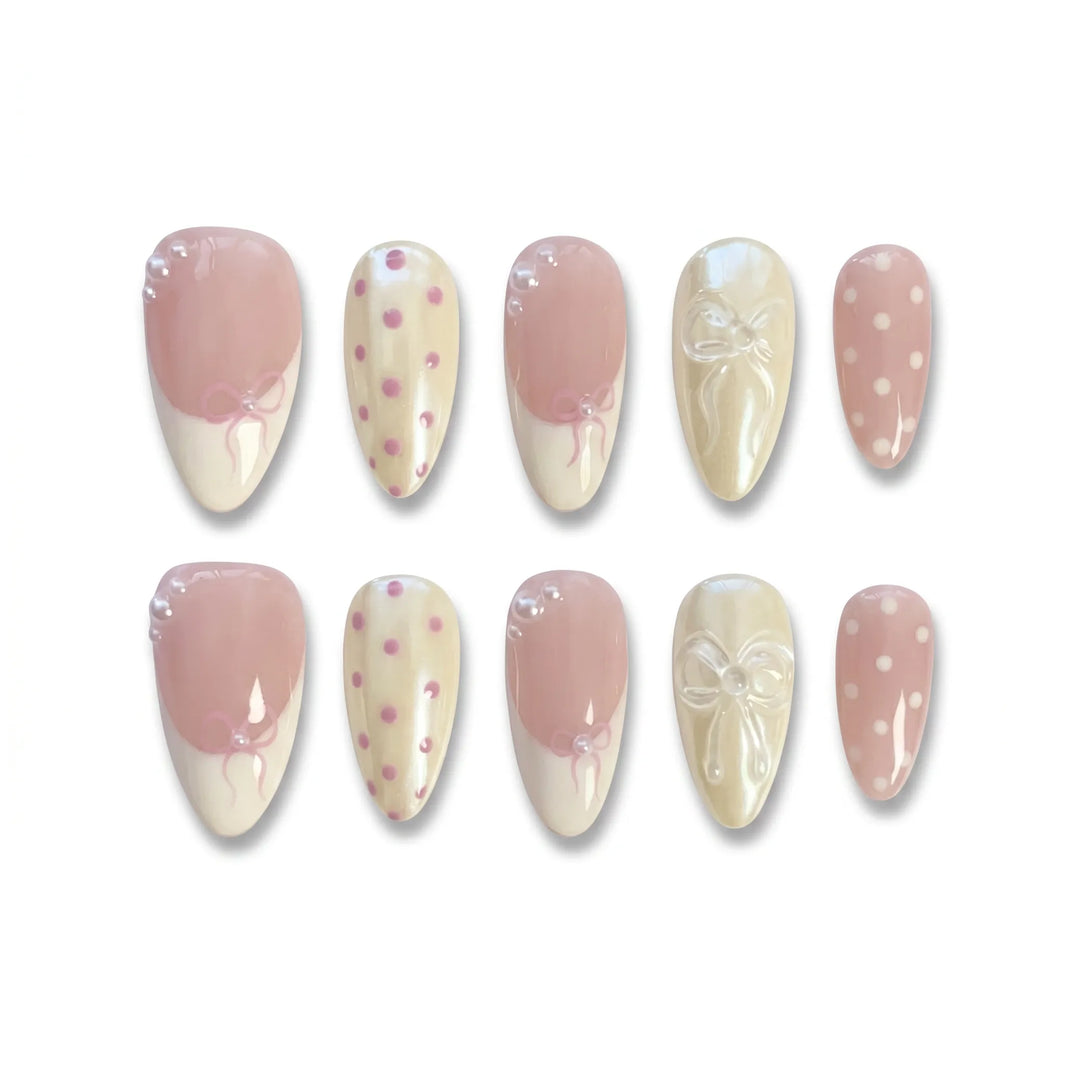 Vanilla Polka | Bow Accent Medium Almond Press On Nails