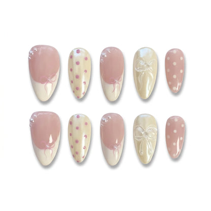 Vanilla Polka | Bow Accent Medium Almond Press On Nails