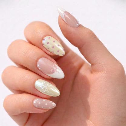 Vanilla Polka | Bow Accent Medium Almond Press On Nails