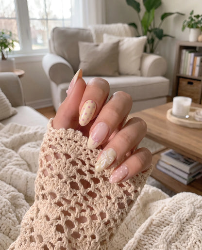 Vanilla Polka | Bow Accent Medium Almond Press On Nails