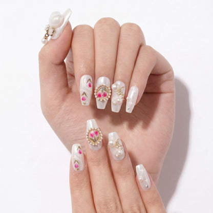 Victorian Spring | Veiled Rose Masque Coffin Medium Press-On Nails