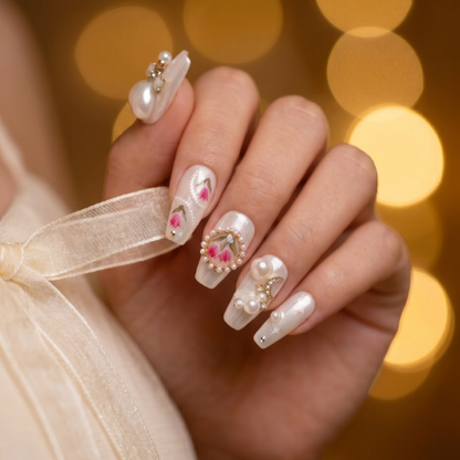 Victorian Spring | Veiled Rose Masque Coffin Medium Press-On Nails