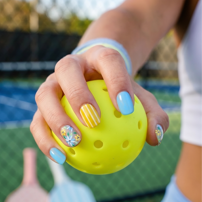Azure Ace pickleball nails on hand — cobalt blue 3D handcrafted short square | GlossyMuse
