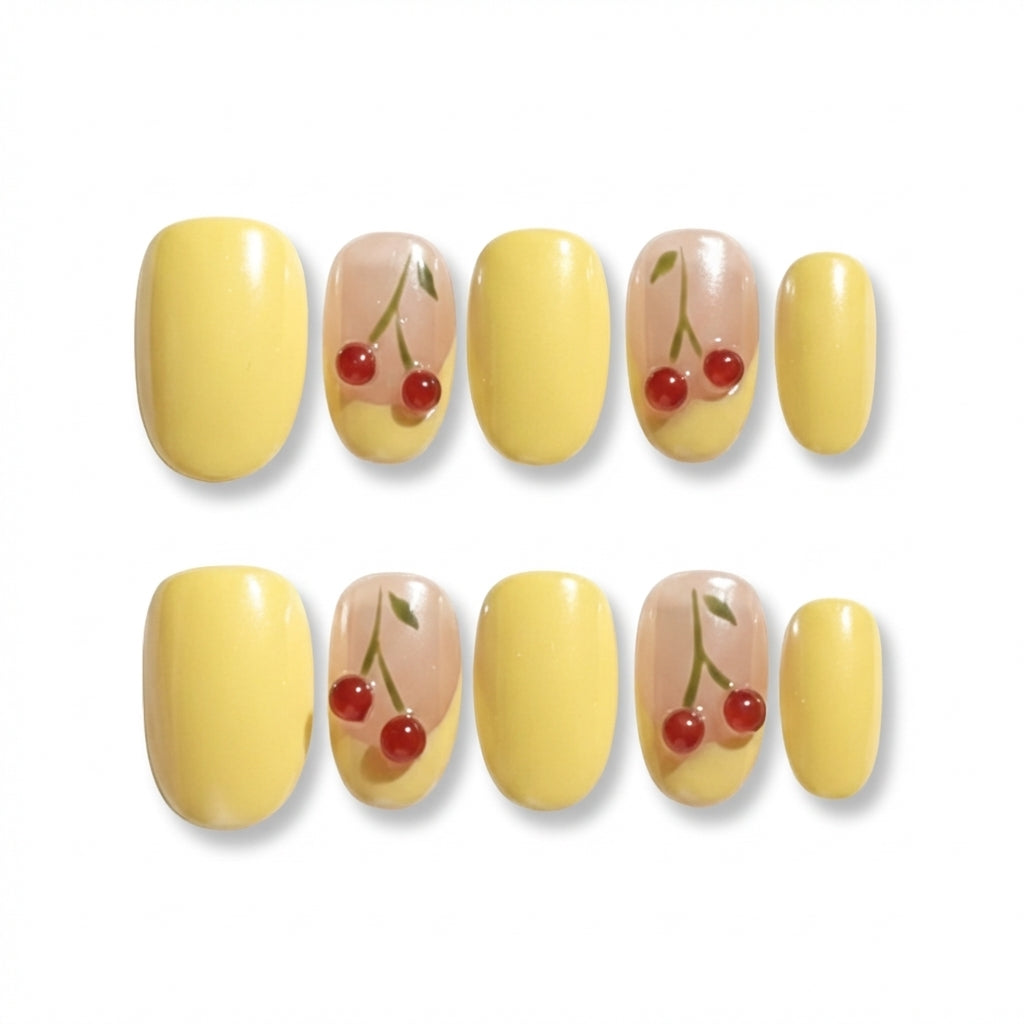 Yellow Cherry Collins | Sunshine Fizz Short Oval Press-On Nails