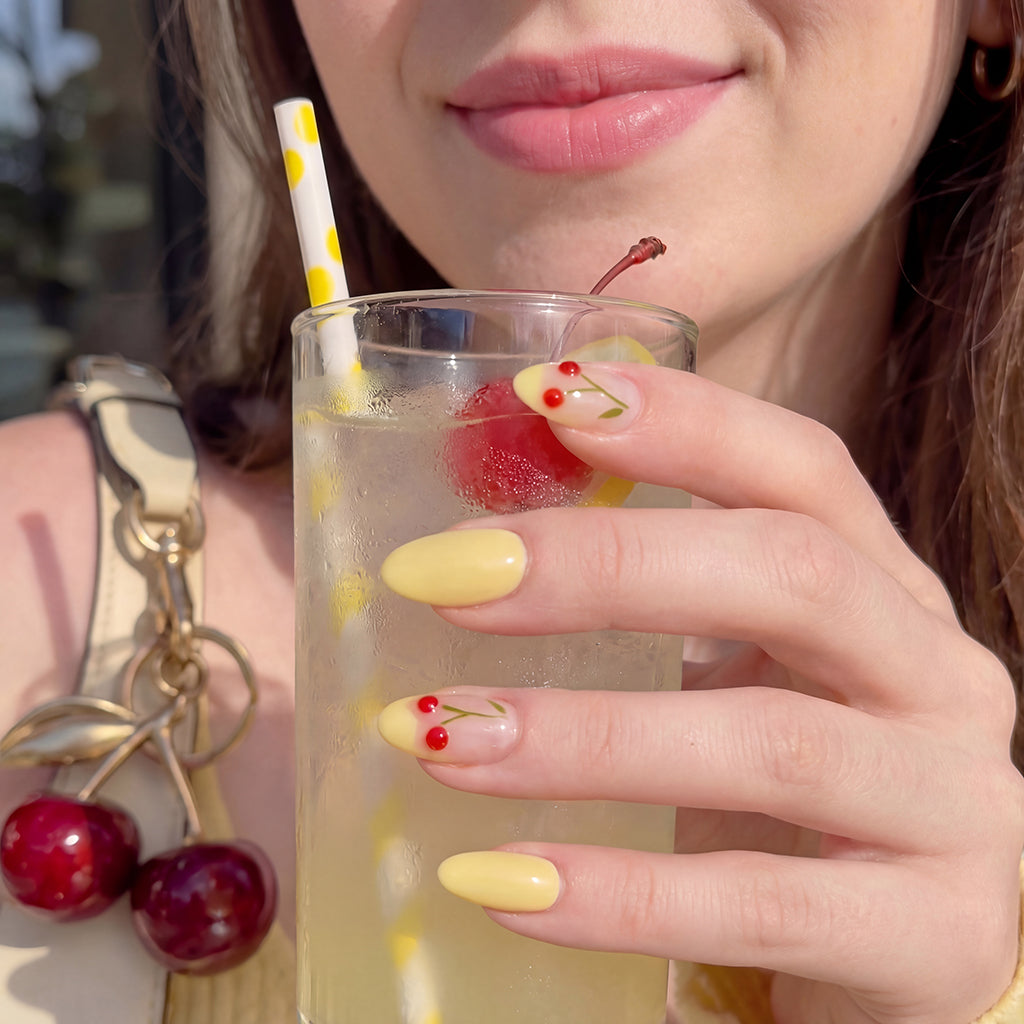 Yellow Cherry Collins | Sunshine Fizz Short Oval Press-On Nails