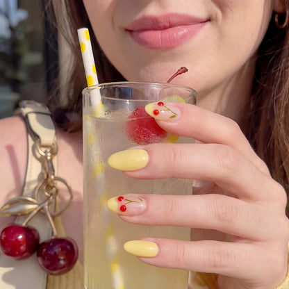 Yellow Cherry Collins | Sunshine Fizz Short Oval Press-On Nails