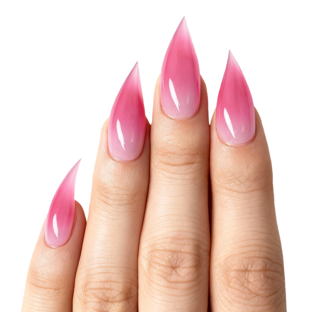 Model wearing Cherry Pink Cat Paw almond press-on nails — lifestyle close-up | GlossyMuse