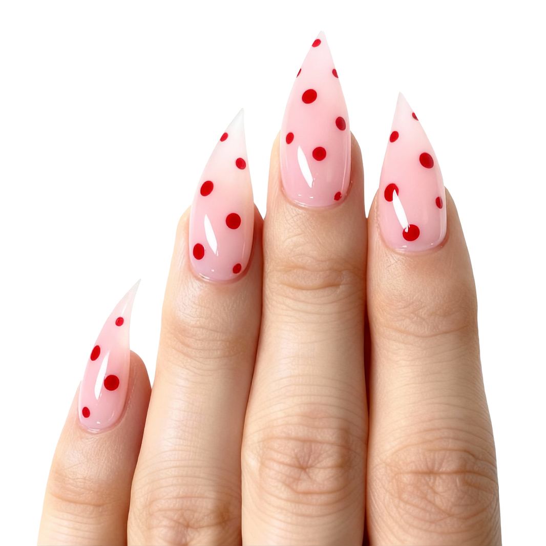 Model wearing Pinky Red Dot Cat Claw cat-claw press-on nails — lifestyle close-up | GlossyMuse