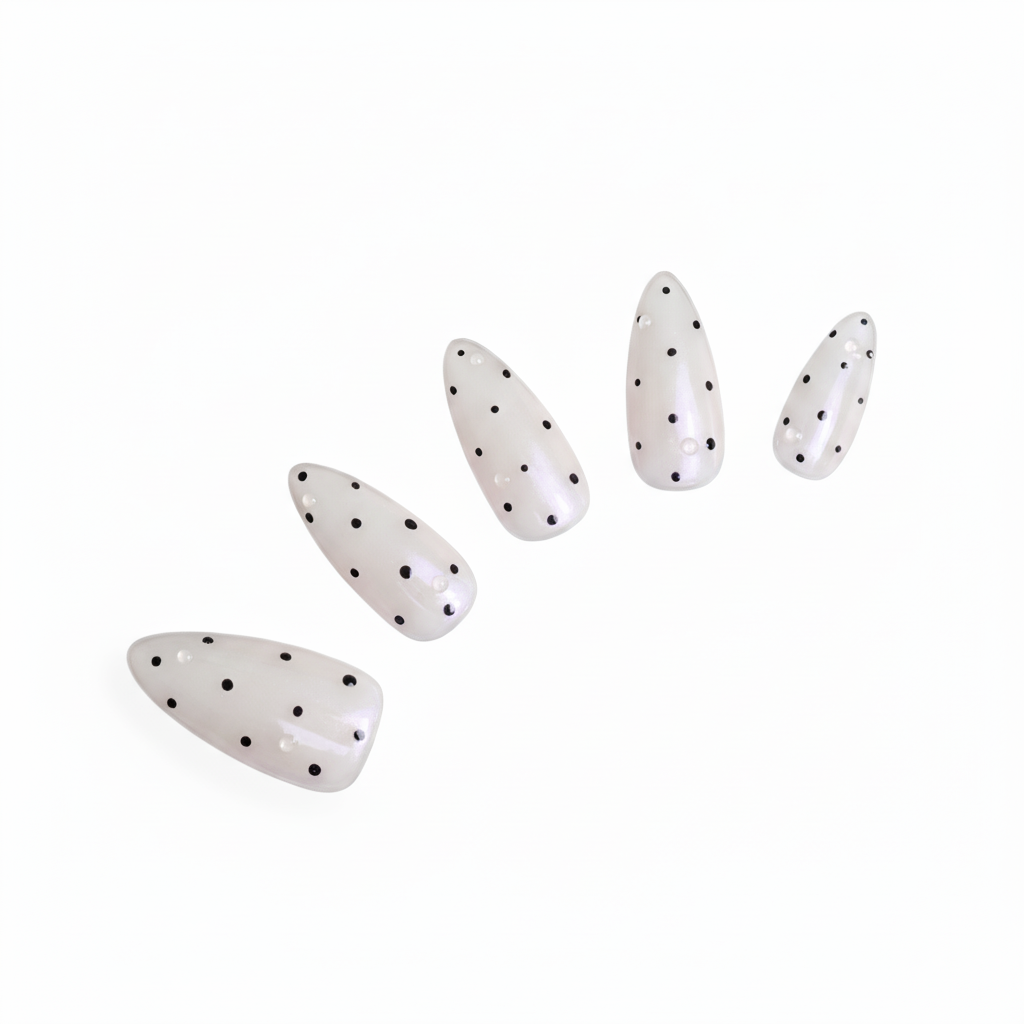 Black & White Dot almond medium handcrafted press-on nails — front view | GlossyMuse