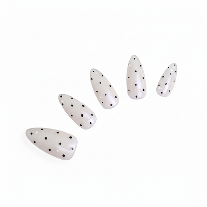Black & White Dot almond medium handcrafted press-on nails — front view | GlossyMuse
