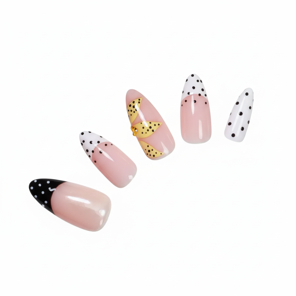 Yellow Floral Polka Dot  |Lemon Bow Chic Medium Almond Press-on Nails