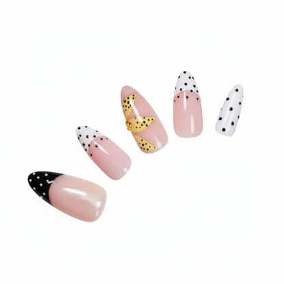 Yellow Floral Polka Dot  |Lemon Bow Chic Medium Almond Press-on Nails