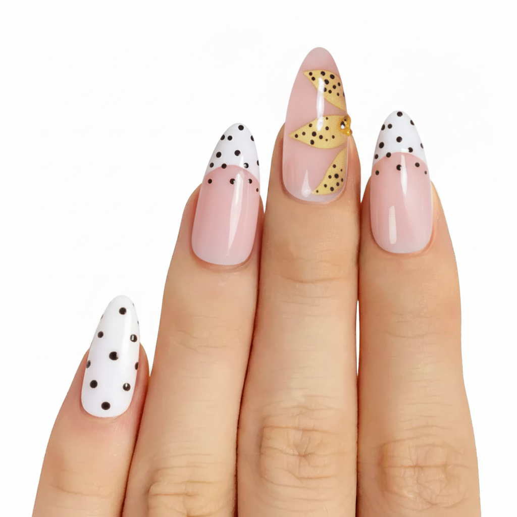 Yellow Floral Polka Dot  |Lemon Bow Chic Medium Almond Press-on Nails