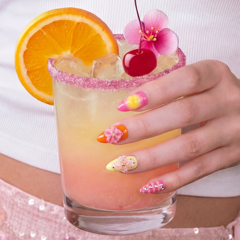Model wearing Citrus Punch Margaita almond press-on nails — lifestyle close-up | GlossyMuse