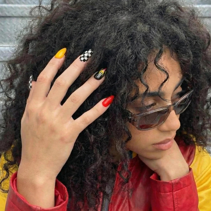 Racer Riot - 24 PCS press-on nail kit contents — adhesive tabs, file and cuticle pusher | GlossyMuse
